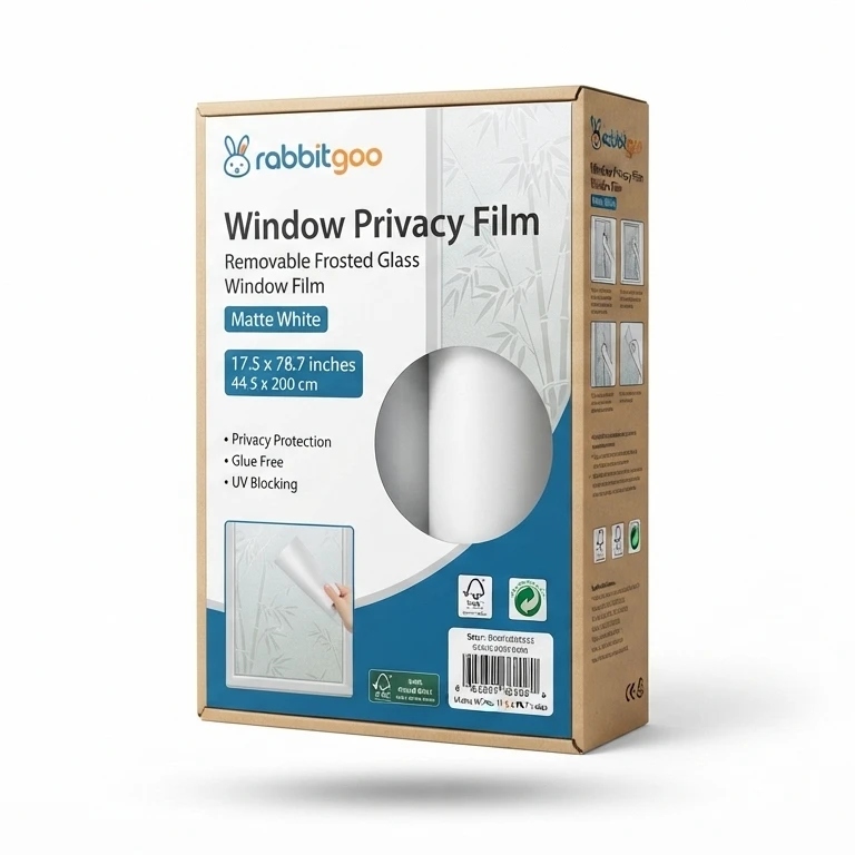 rabbitgoo frosted static-cling window privacy film matte white 17.5 by 78.7 inches in original packaging.