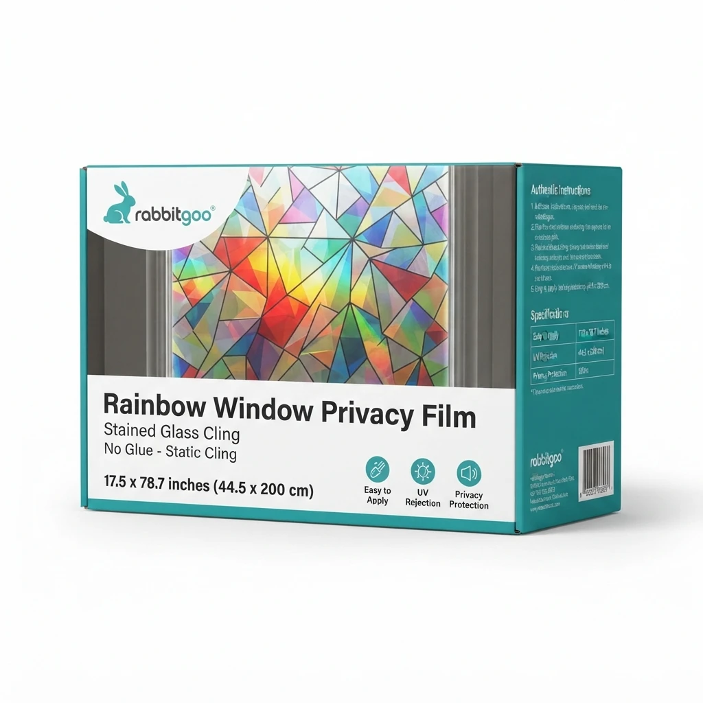 rabbitgoo rainbow static-cling window privacy film 17.5 by 78.7 inches in original packaging.