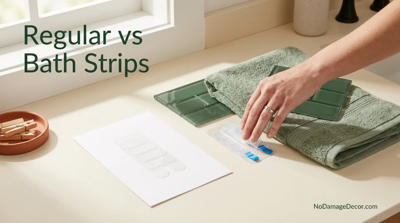 Renter comparing standard adhesive strips with water-resistant bathroom strips for a humid room