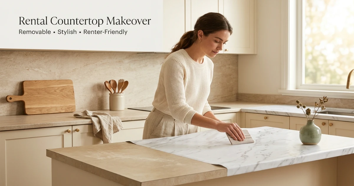 Renter applying white marble contact paper to a dated laminate kitchen countertop in an apartment