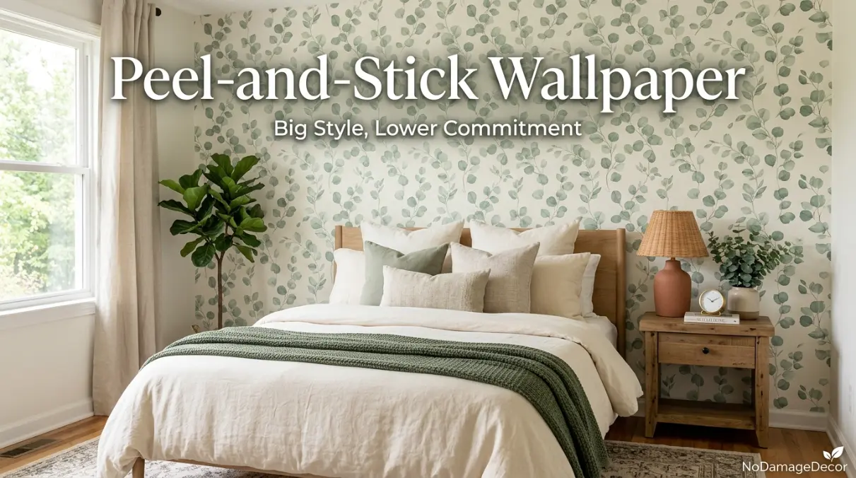 Peel-and-stick wallpaper accent wall behind a bed in a renter-friendly bedroom with sage green botanical pattern