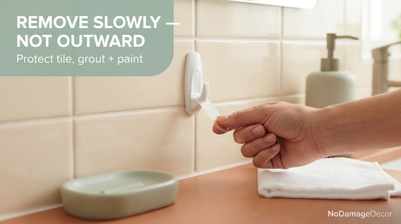 Renter removing a bathroom adhesive strip slowly from tile while avoiding grout and chipped surfaces.