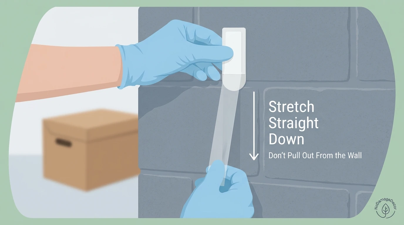 Student removing a Command strip by stretching the tab straight down from painted cinder block
