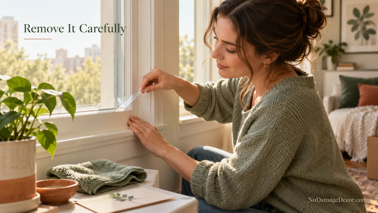 Renter slowly removing seasonal window film and tape from painted trim before move-out