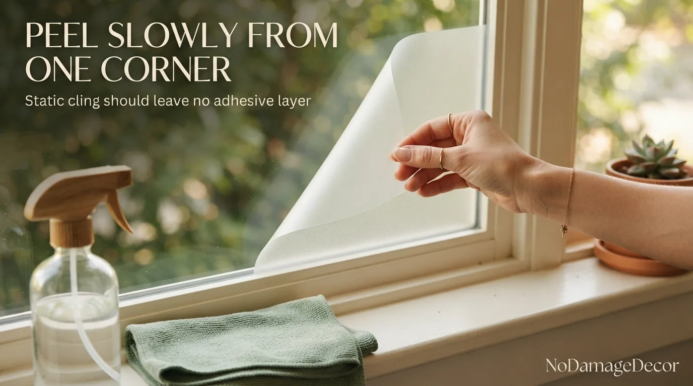 Renter peeling static-cling privacy film slowly from apartment window glass without scraping.