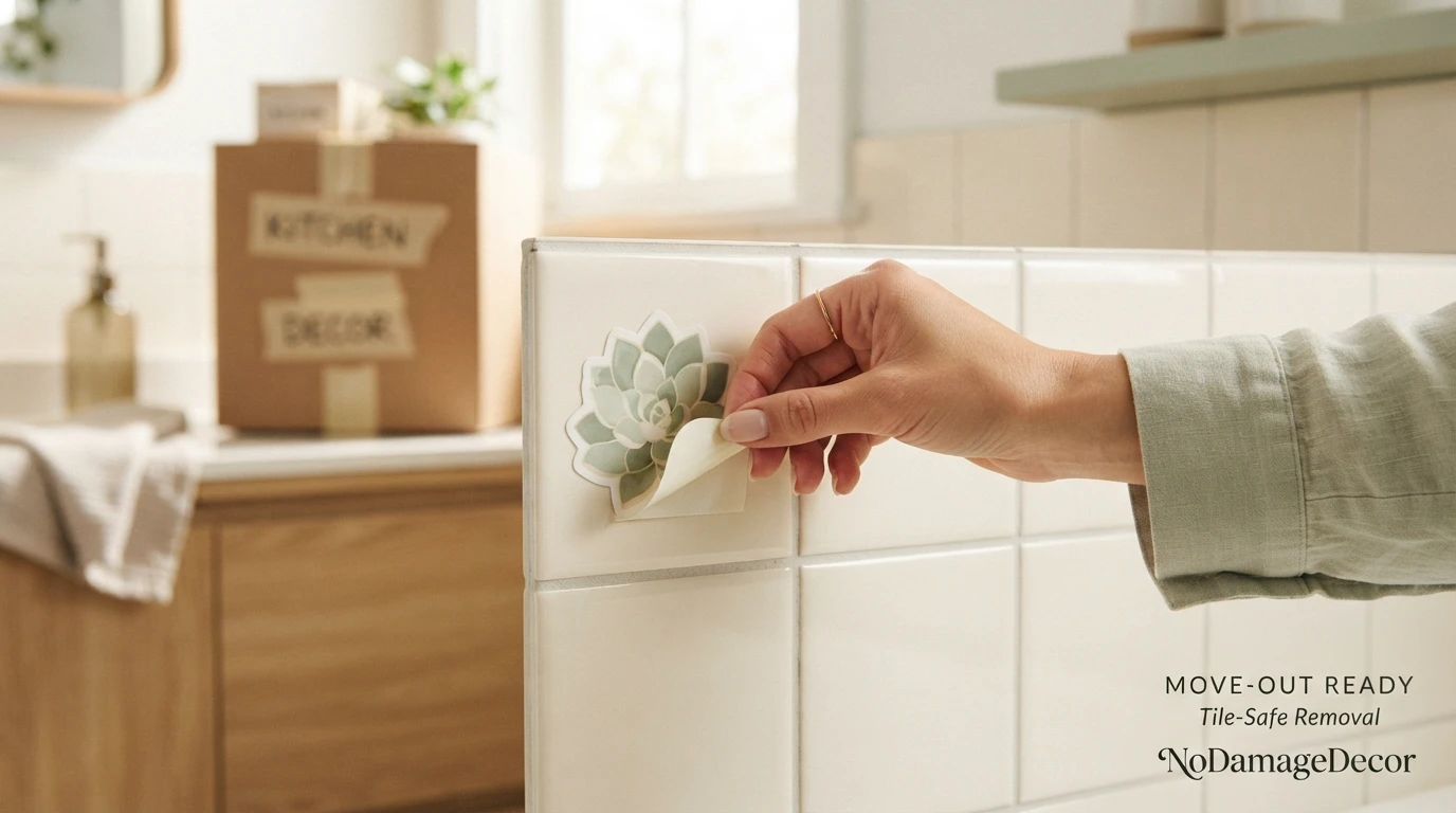 Renter carefully removing adhesive toilet paper holder from smooth bathroom tile before move-out