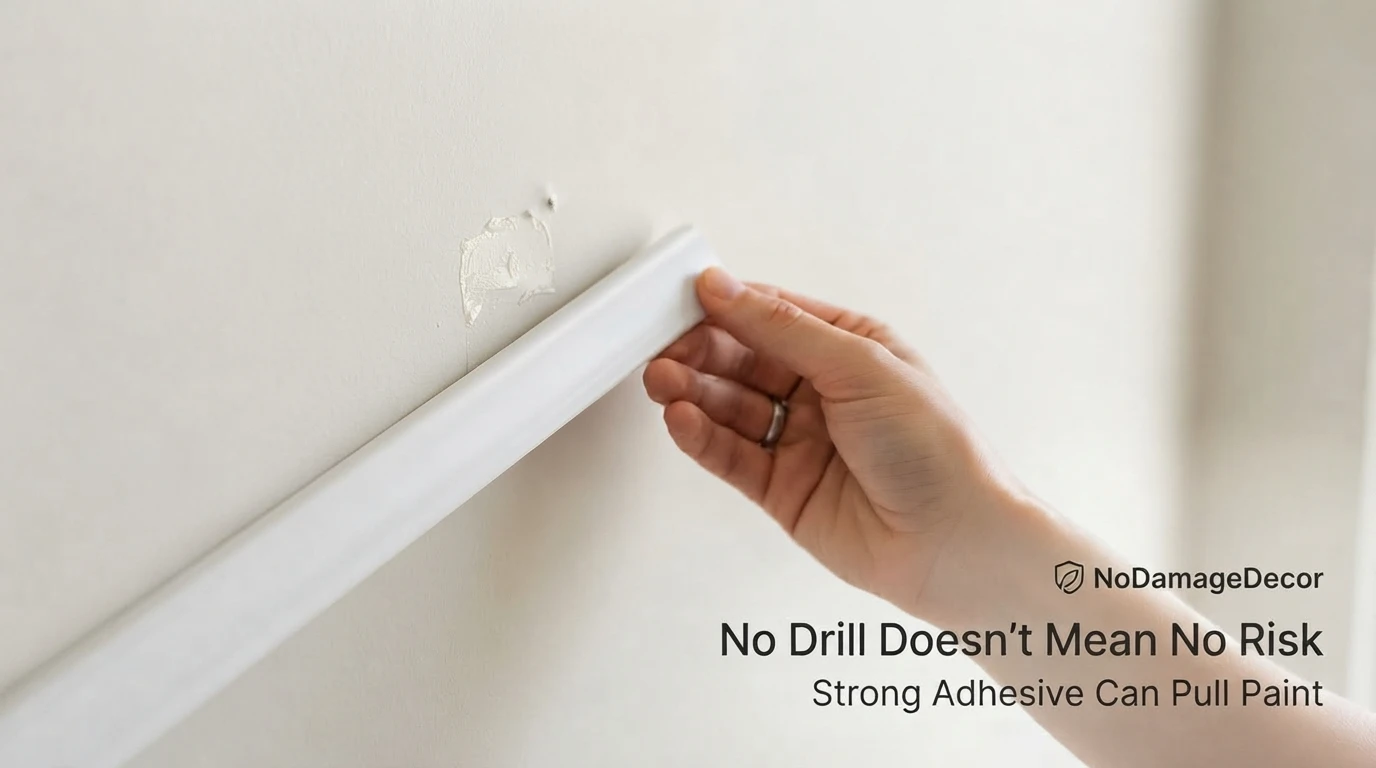 Adhesive TV cord cover being removed carefully from a rental wall with residue risk shown