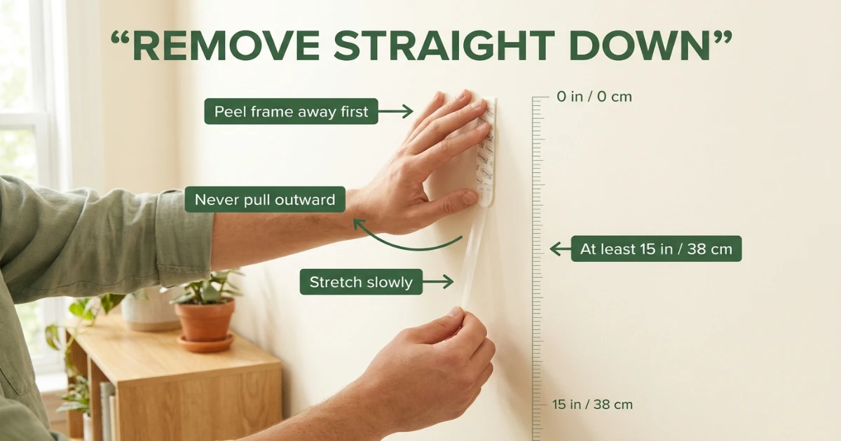 Hand pulling a Command strip straight down by the tab to remove it from a wall