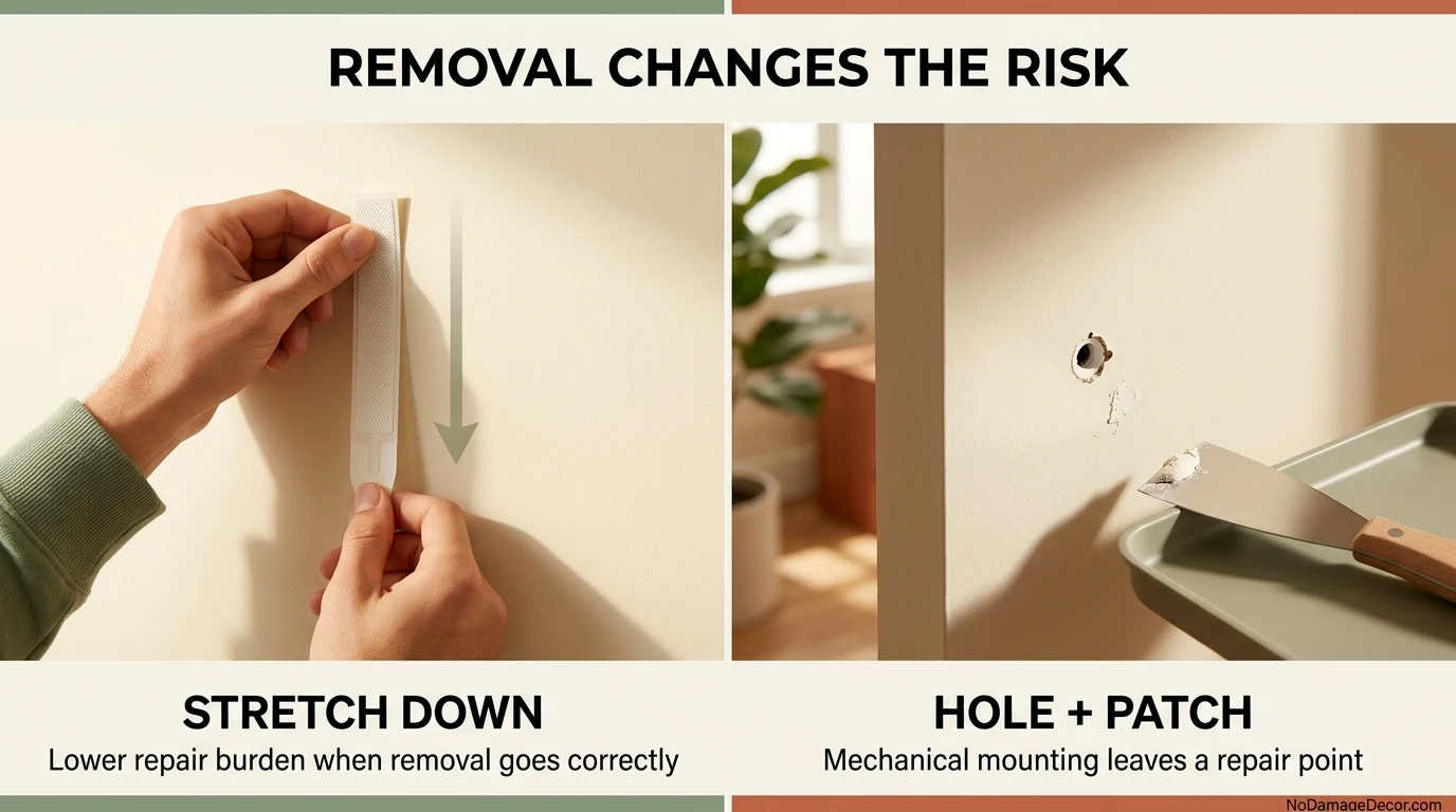 Command-style stretch-release strip removal compared with a drywall anchor hole needing repair