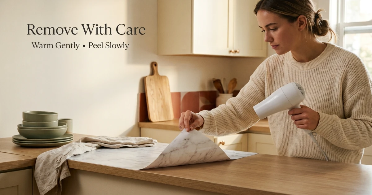 Renter using a hair dryer to soften contact paper adhesive during removal from rental countertop
