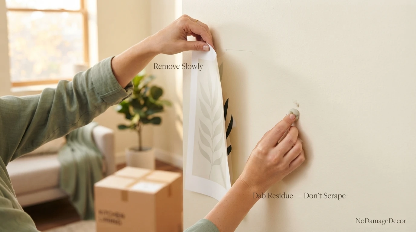 Renter gently peeling mounting putty from a painted apartment wall and dabbing residue away