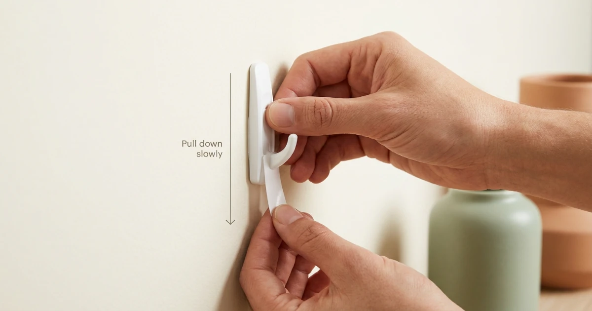 Hands slowly pulling the tab of a test Command strip straight down to check for paint damage in a rental apartment