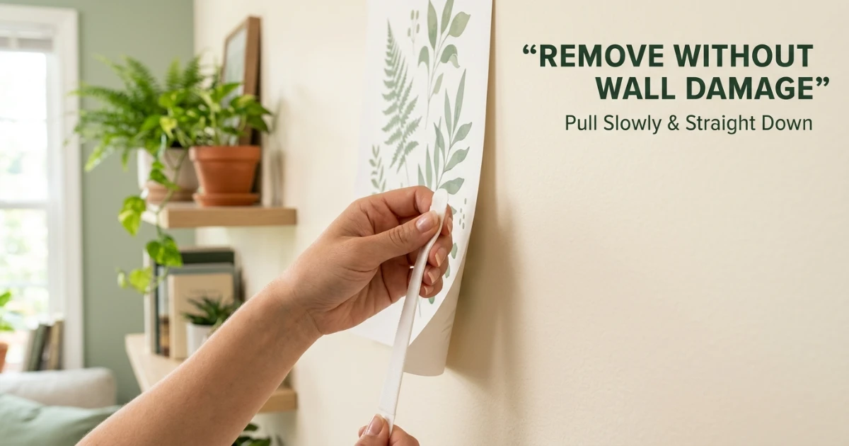 Hand slowly pulling an adhesive strip straight down to remove a poster from a painted apartment wall without damaging the paint or drywall.