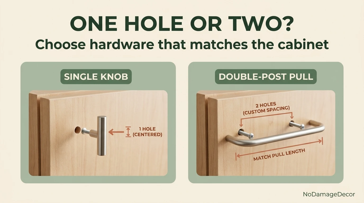 Single-hole cabinet knob and two-hole cabinet pull compared for a rental hardware update.