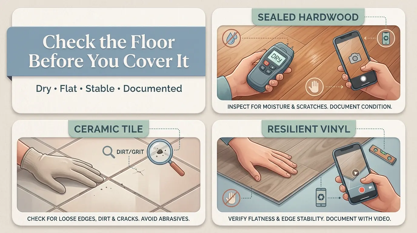 Renter checking hardwood, tile and vinyl floor condition before adding temporary floor covering