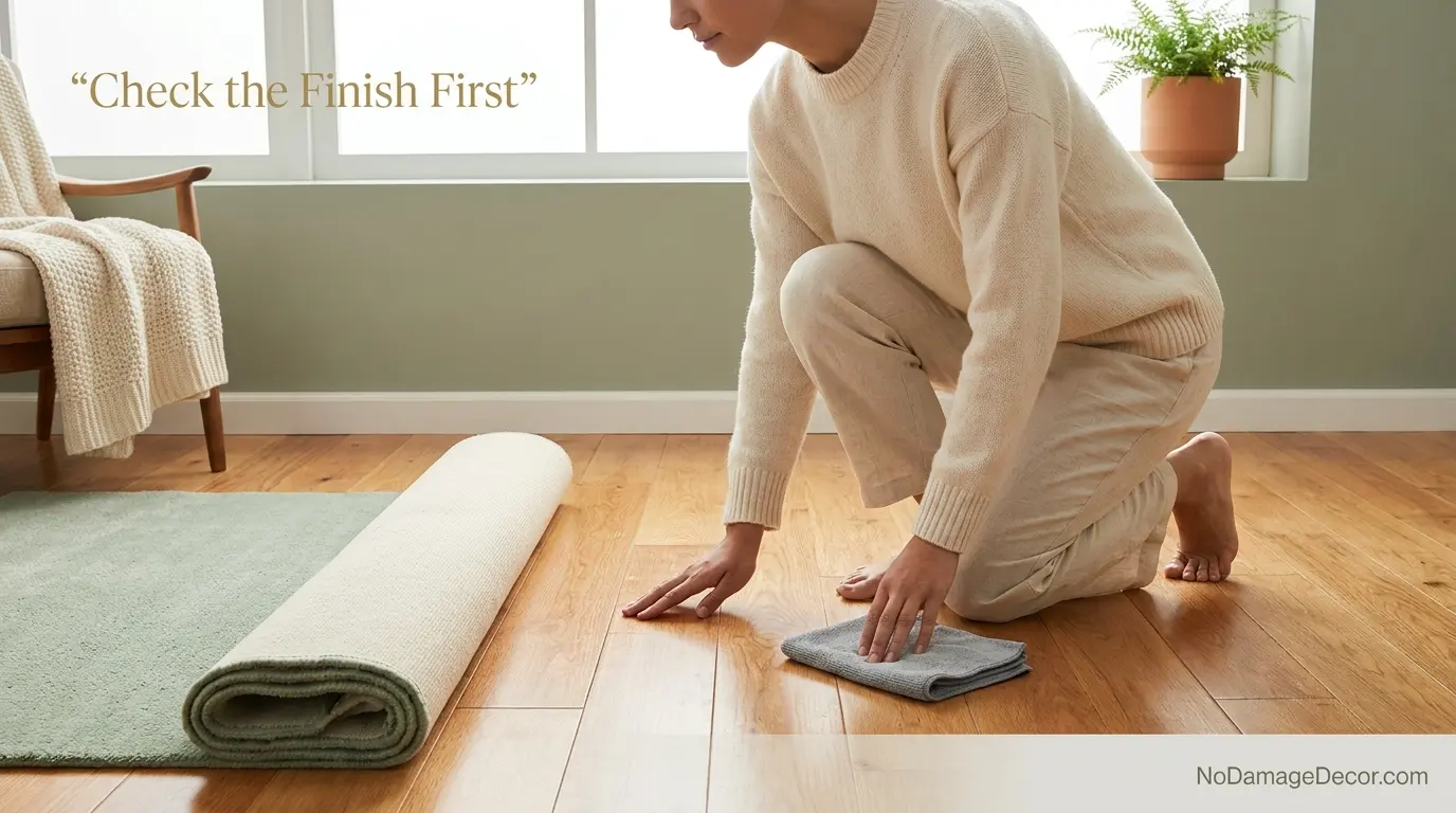 Renter checking the finish condition of hardwood before placing an area rug pad