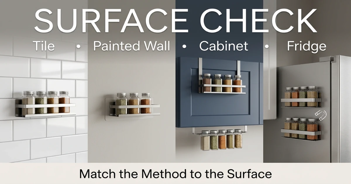 Four rental kitchen surfaces side by side showing tile, painted drywall, wood cabinet, and metal refrigerator for spice rack placement