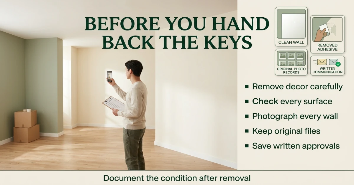 Renter documenting wall condition with a phone camera during move-out inspection, empty apartment with natural light and clean painted walls