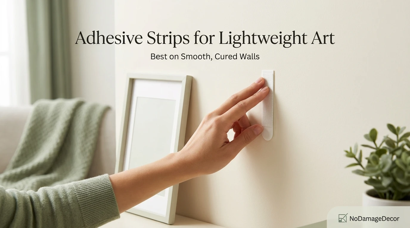 Hands pressing an adhesive picture-hanging strip onto a clean painted drywall surface in a rental apartment