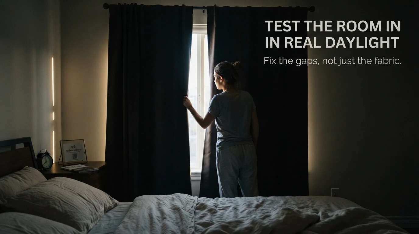 Renter checking small light leaks around blackout curtains in a dark bedroom during morning daylight.