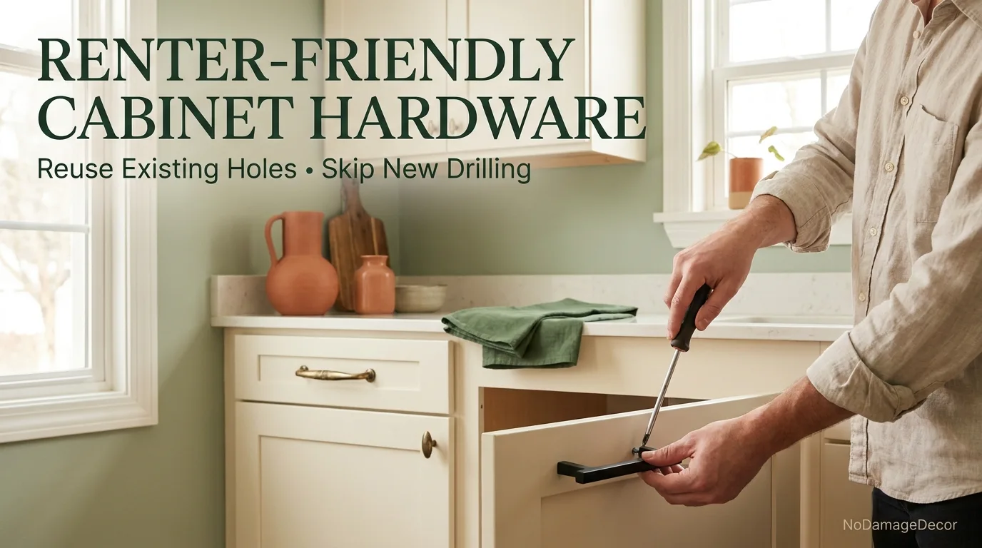 Renter swapping cabinet pulls using the existing screw holes in a rental kitchen.