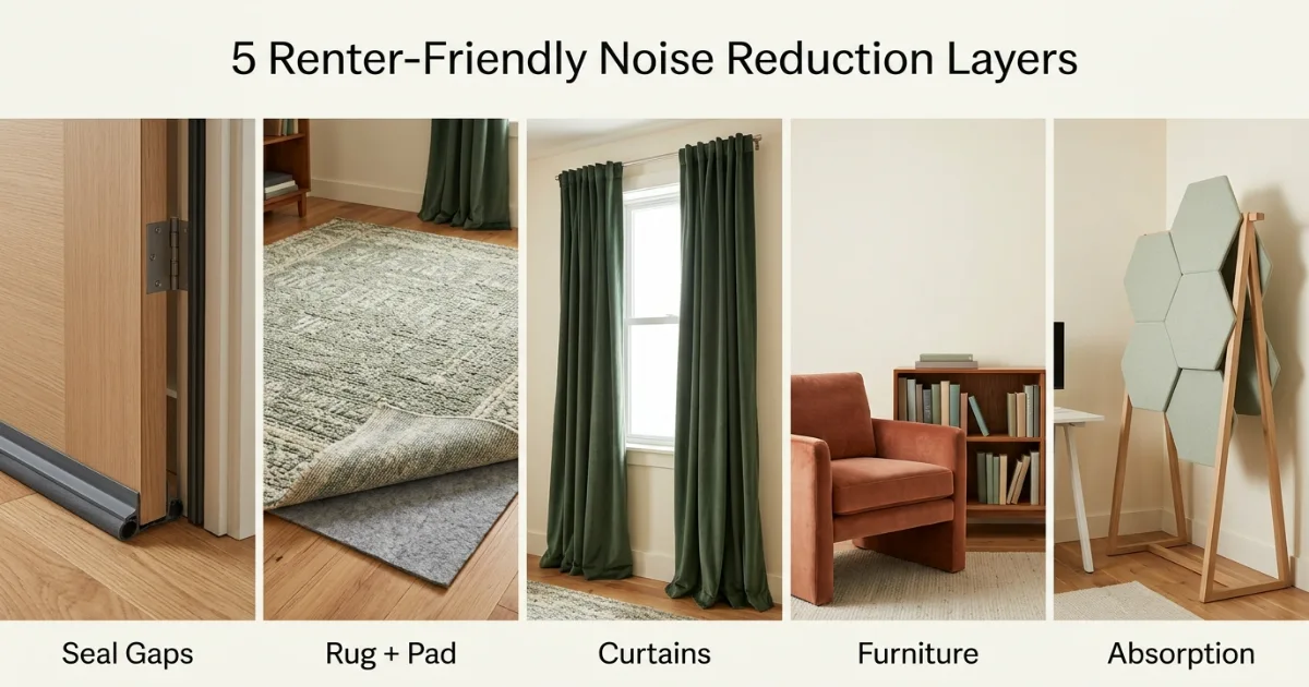 Renter-friendly noise reduction methods including door seals, a draft stopper, a rug, furniture and an acoustic blanket