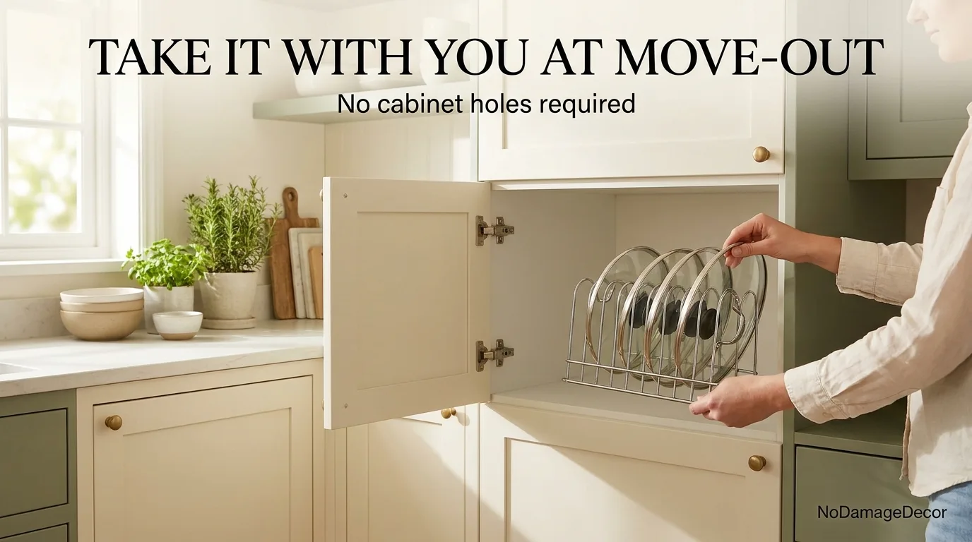 Renter lifting a freestanding pot lid rack out of a kitchen cabinet at move-out.