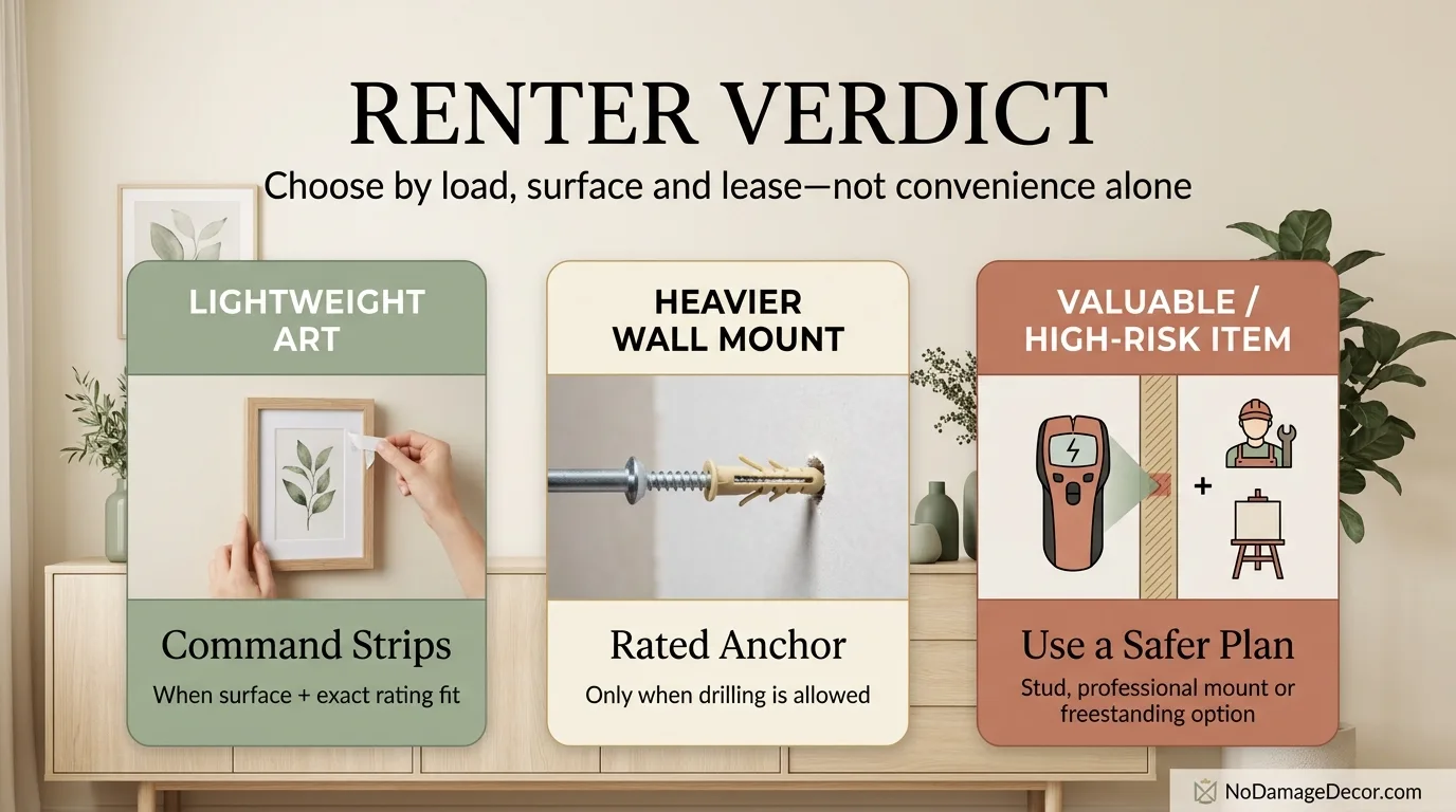 Renter decision guide comparing picture hanging strips with drywall anchors for different mounting needs