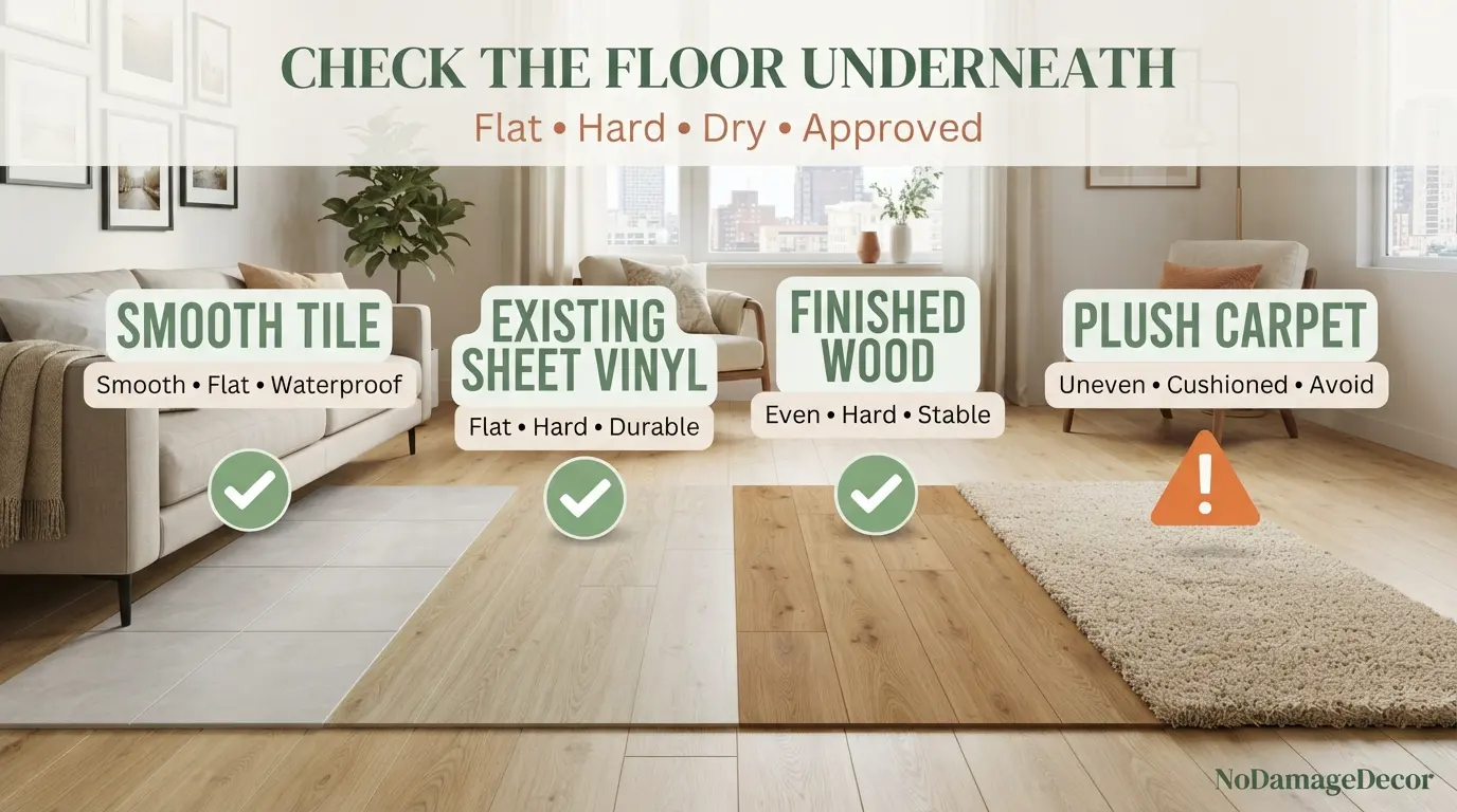 Renter checking existing tile, vinyl, wood and carpet before installing temporary vinyl plank flooring.