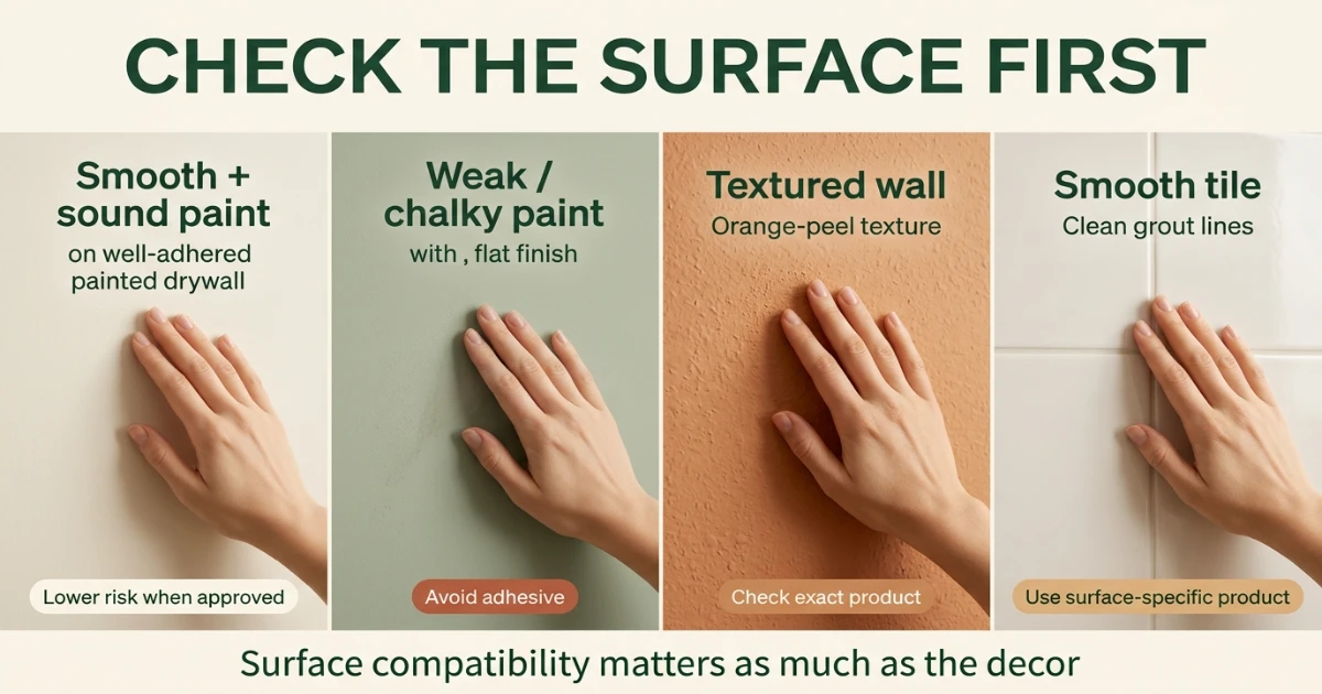 Close-up of a renter checking wall surface texture and paint condition before applying removable adhesive, flat lay of cleaning cloth and test strip nearby