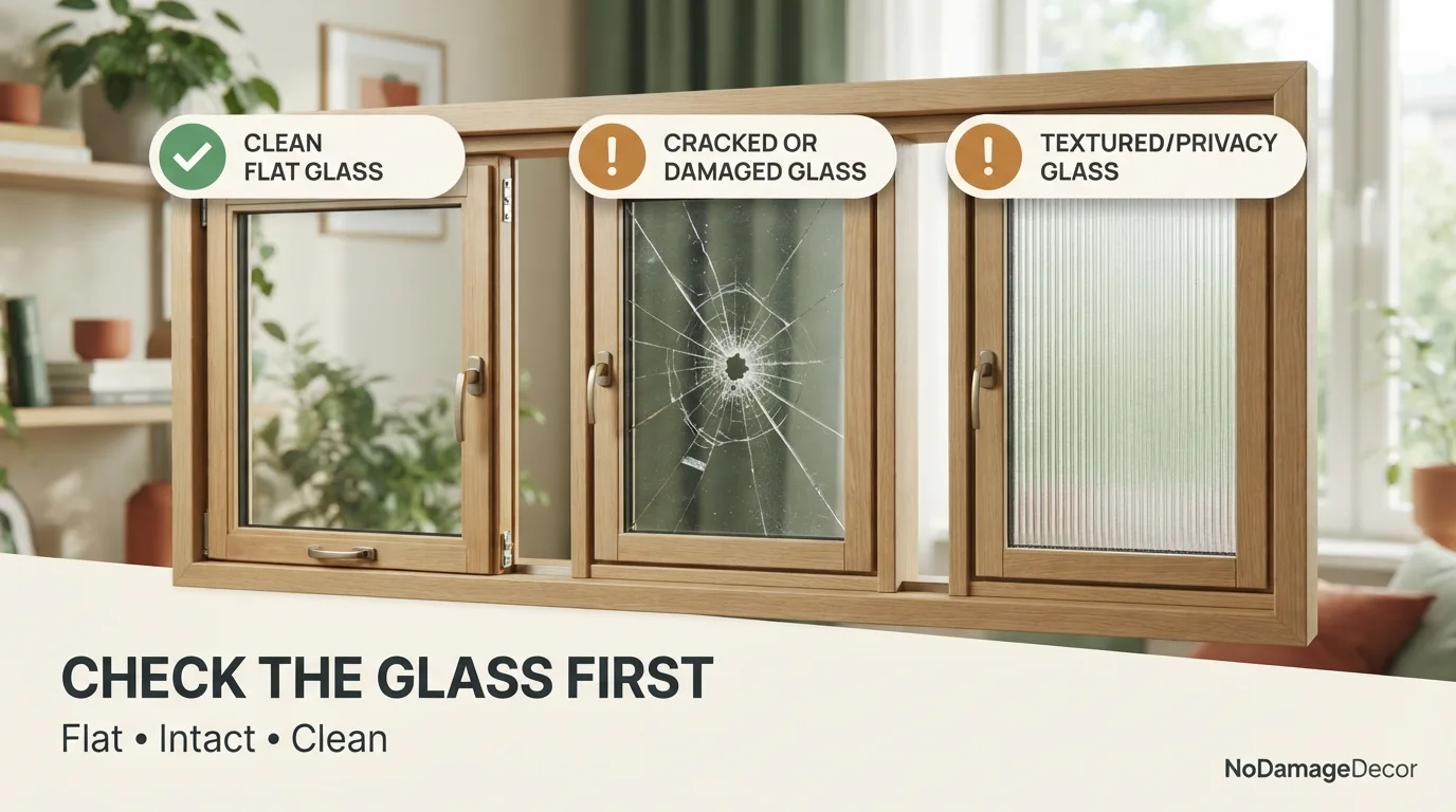 Renter checking flat glass, damaged glass and textured privacy glass before applying window film.