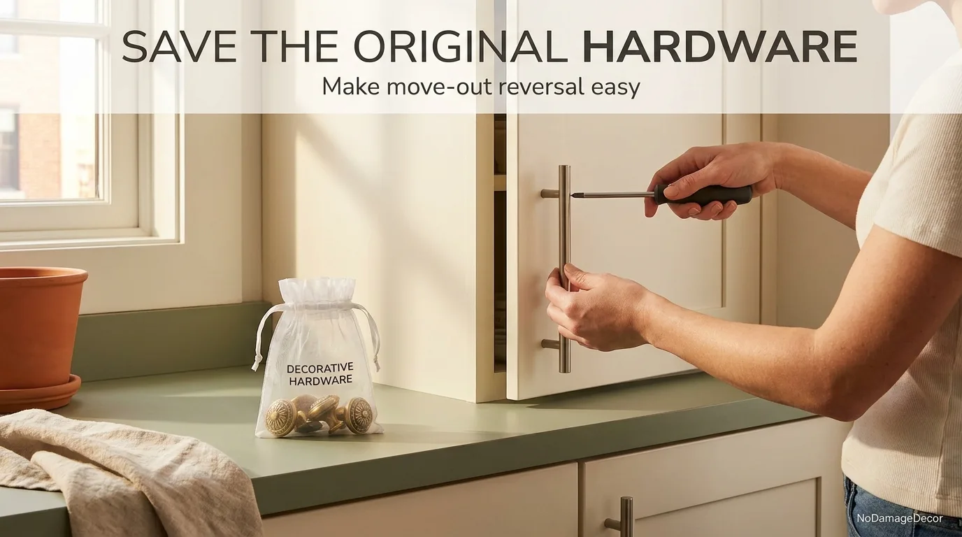Renter reinstalling the original cabinet hardware before moving out of an apartment.