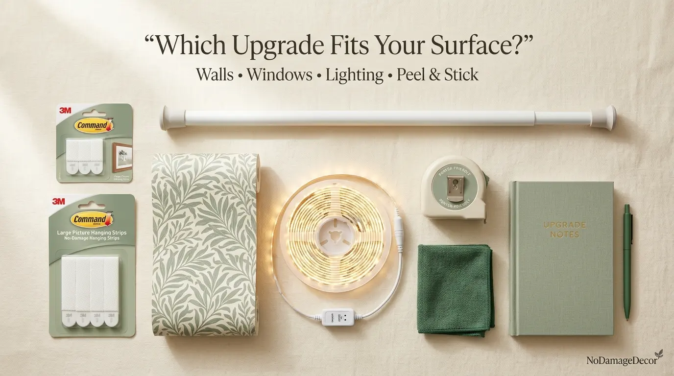 Flat-lay of renter-friendly reversible home improvement materials including adhesive strips, removable wallpaper sample, tension rod, and LED strip lights on a warm cream surface