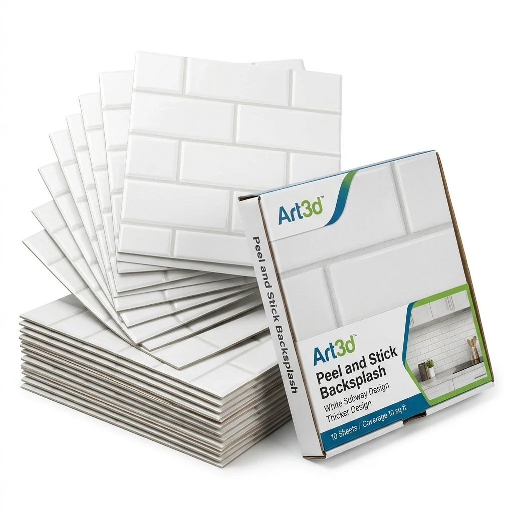 Art3d white subway peel-and-stick backsplash tile sheets