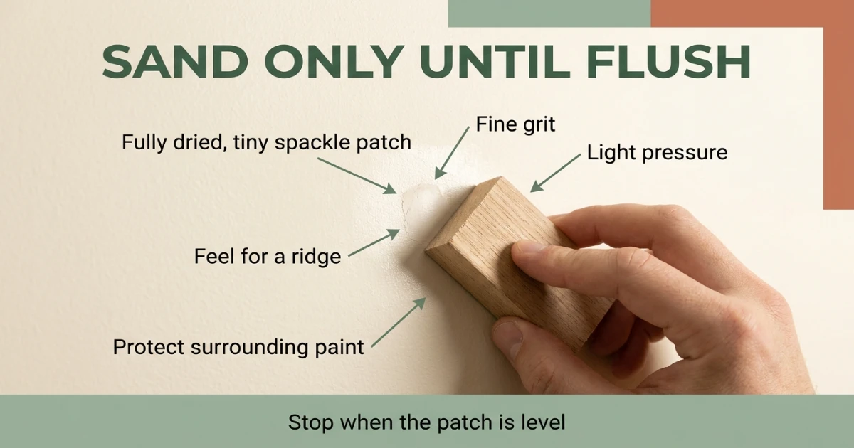Renter lightly sanding dried spackle over a patched nail hole with a fine-grit sanding block, cream painted wall