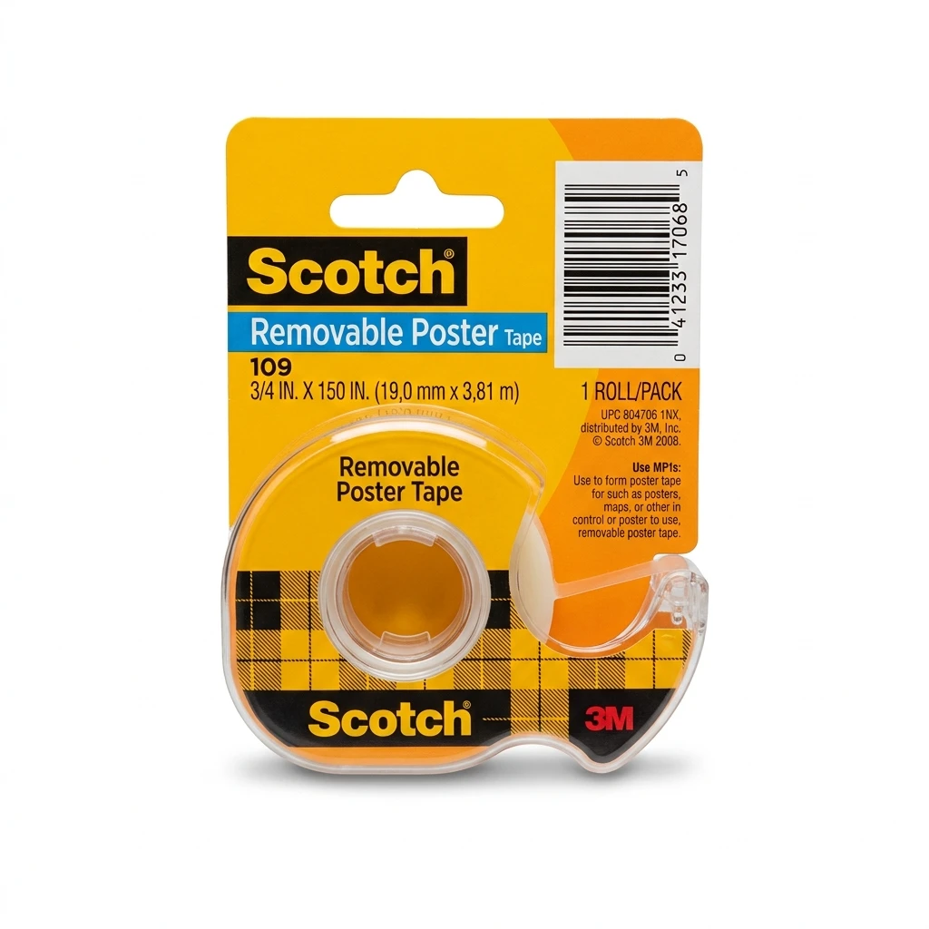 Scotch Removable Poster Tape, 3/4-inch x 150-inches, Clear, double-sided adhesive roll on a white background.