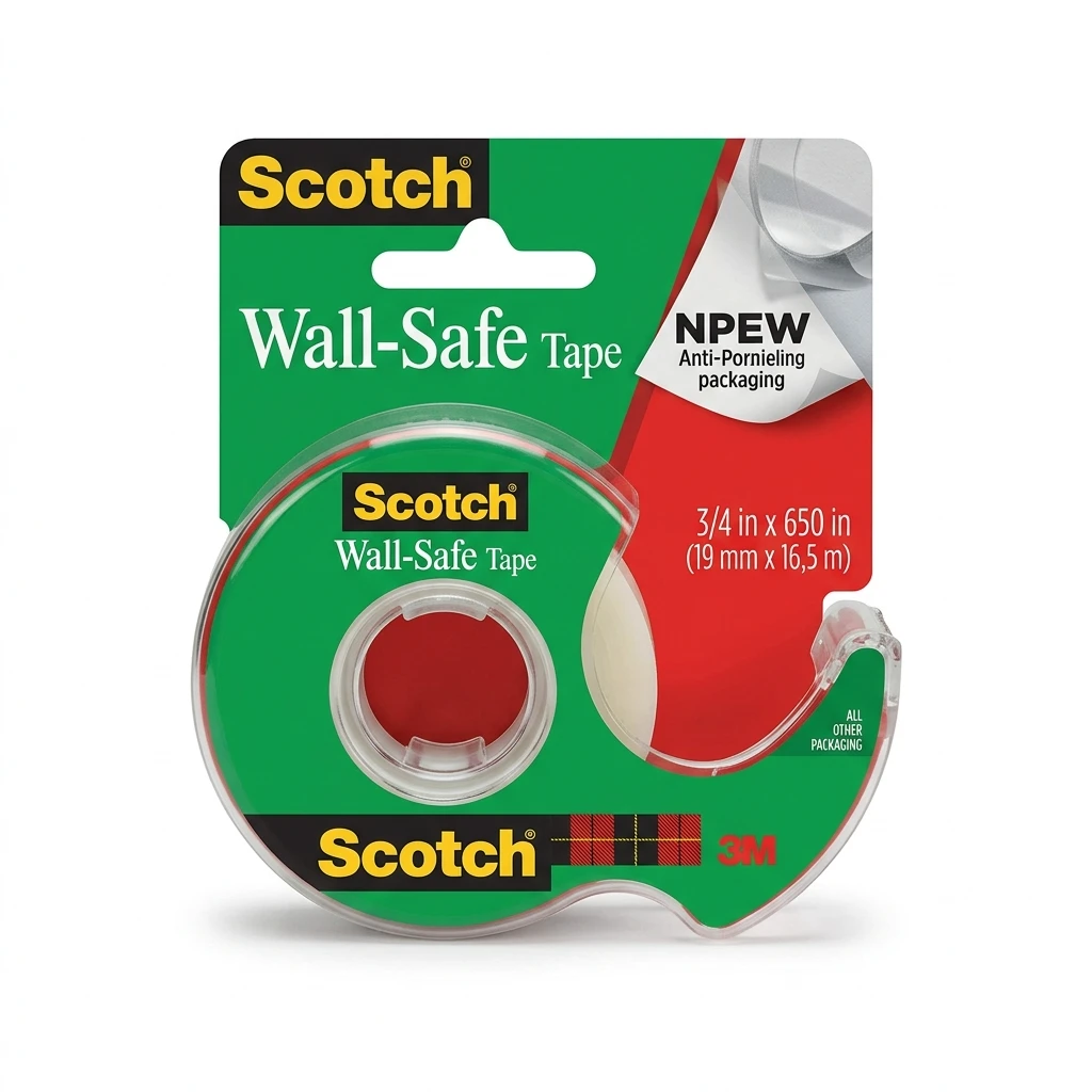Scotch Wall-Safe Tape, 1 Dispenser Roll, clear removable tape in a compact dispenser on a white background.