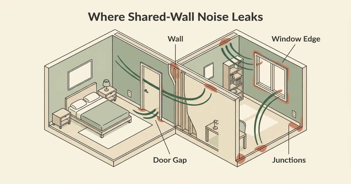 Apartment diagram showing direct wall transmission and flanking sound paths around a door, window and outlet area