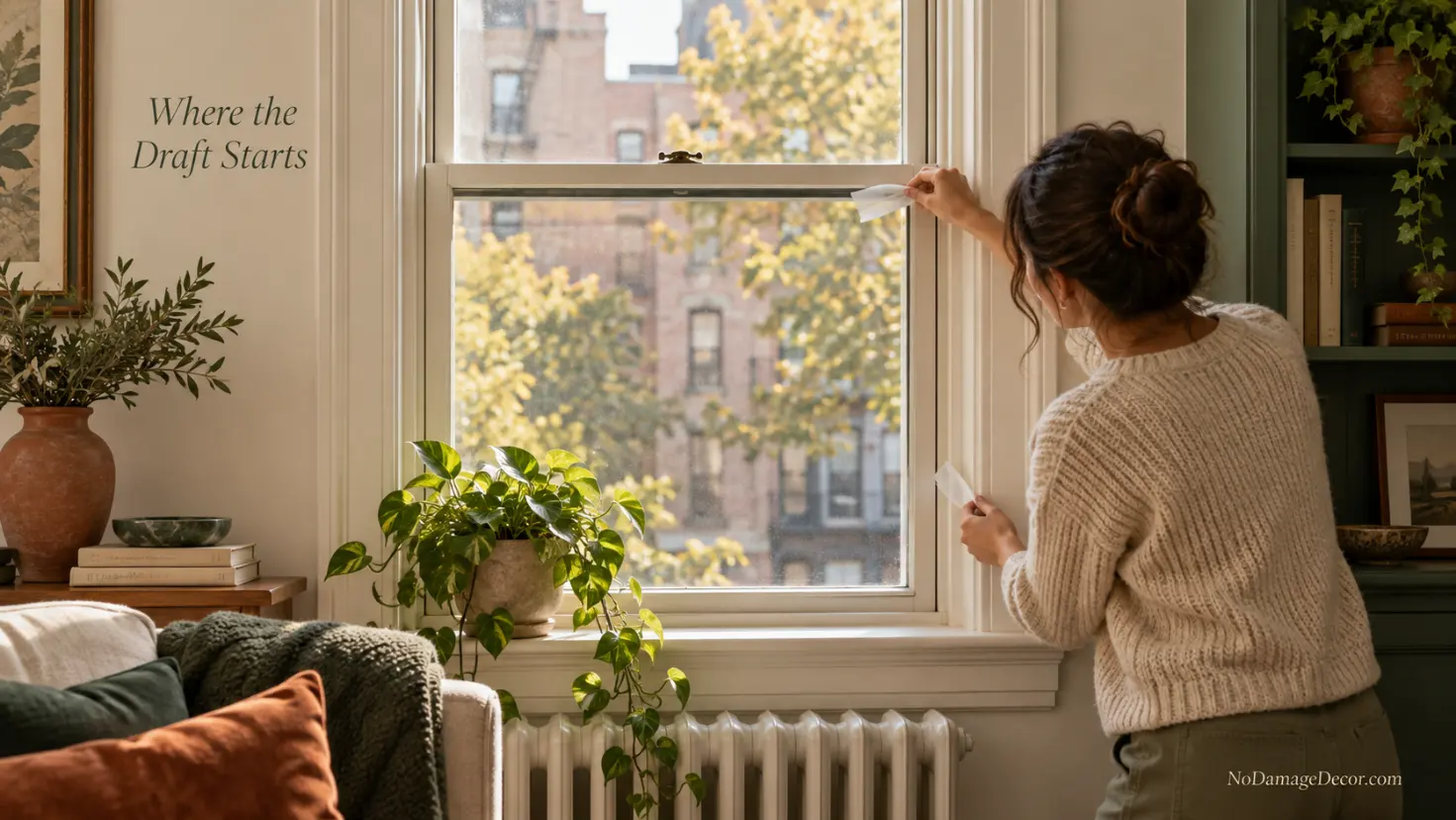 Renter installing clear heat-shrink film over a clean interior apartment window frame
