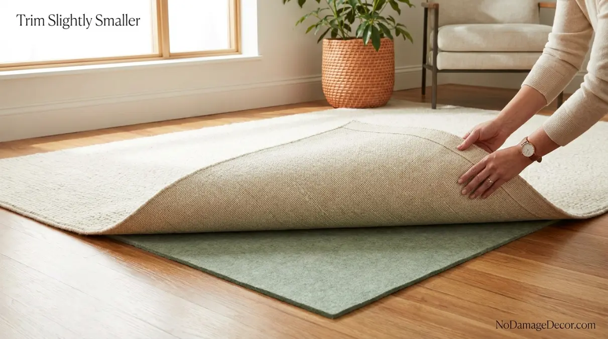 Renter centering a trimmed rug pad slightly inside the edges of an area rug on hardwood