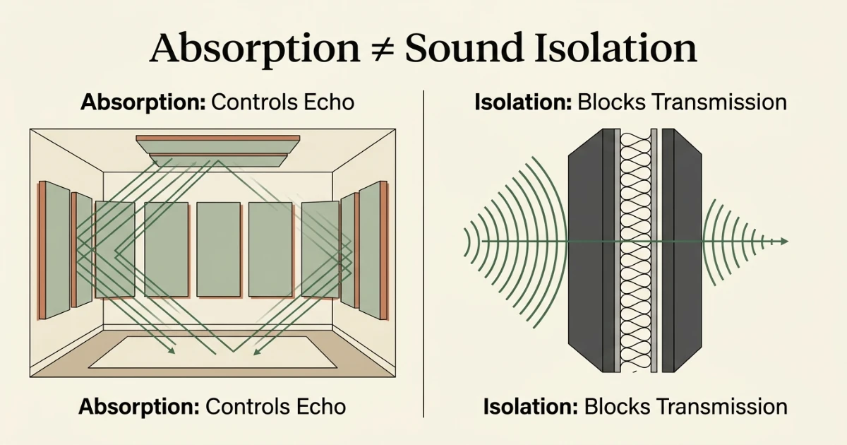 Comparison of acoustic foam absorbing room reflections versus a dense wall assembly blocking sound transmission