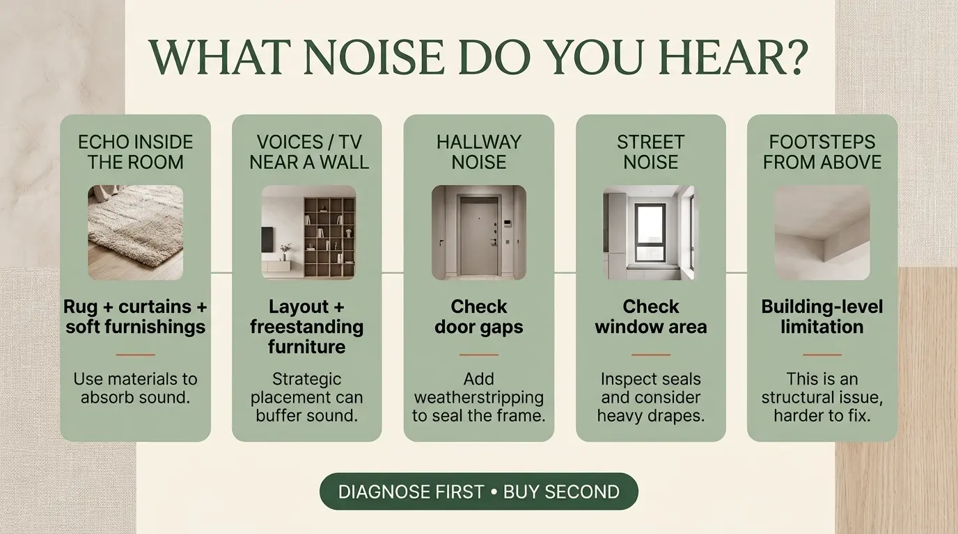 Decision guide matching apartment noise types with renter-friendly no-drill responses