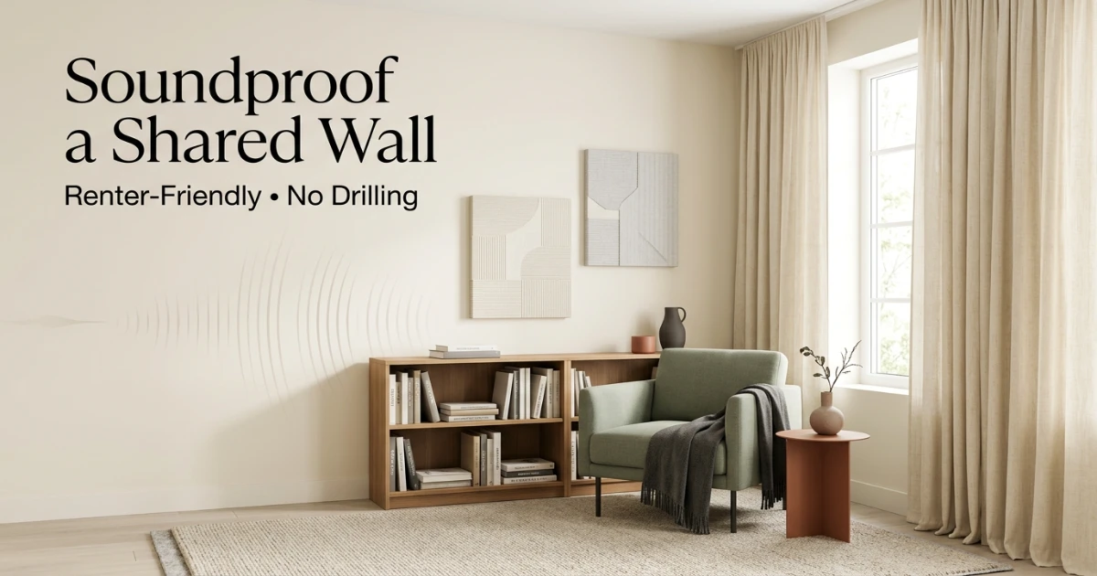 Renter-friendly shared-wall noise reduction setup with a bookcase, curtain and acoustic treatment in an apartment
