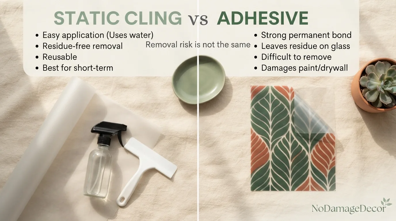 Static-cling and adhesive window film compared side by side for a renter apartment window.