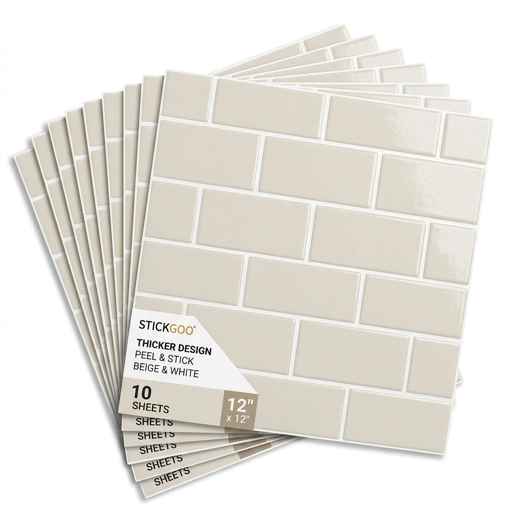 STICKGOO beige and white peel-and-stick backsplash tile sheets