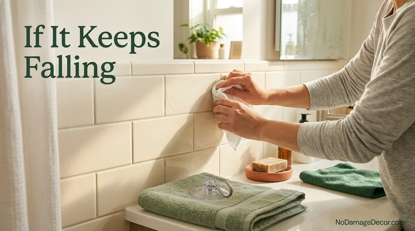 Renter resetting a suction cup hook after cleaning soap film from smooth bathroom tile
