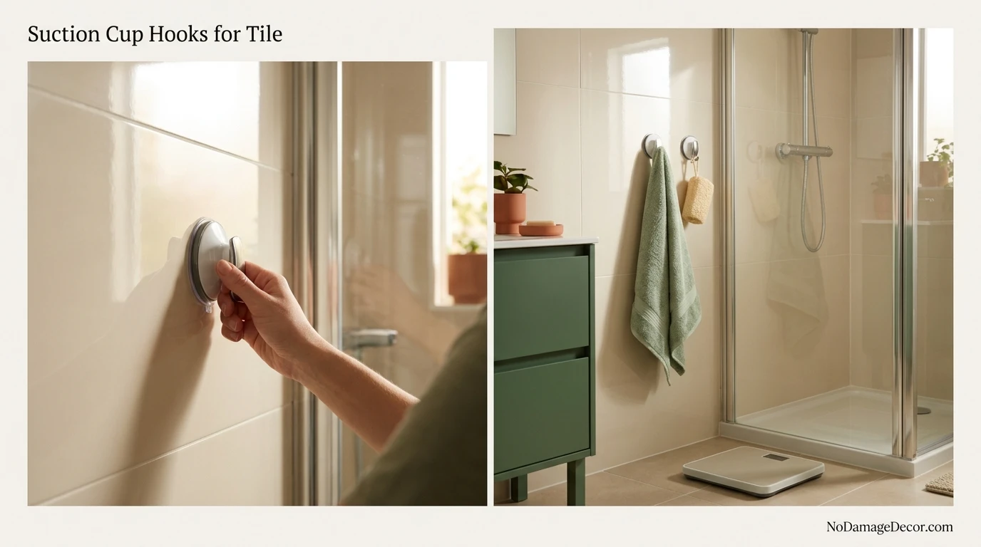 Renter placing a suction cup hook on smooth glazed bathroom tile without drilling