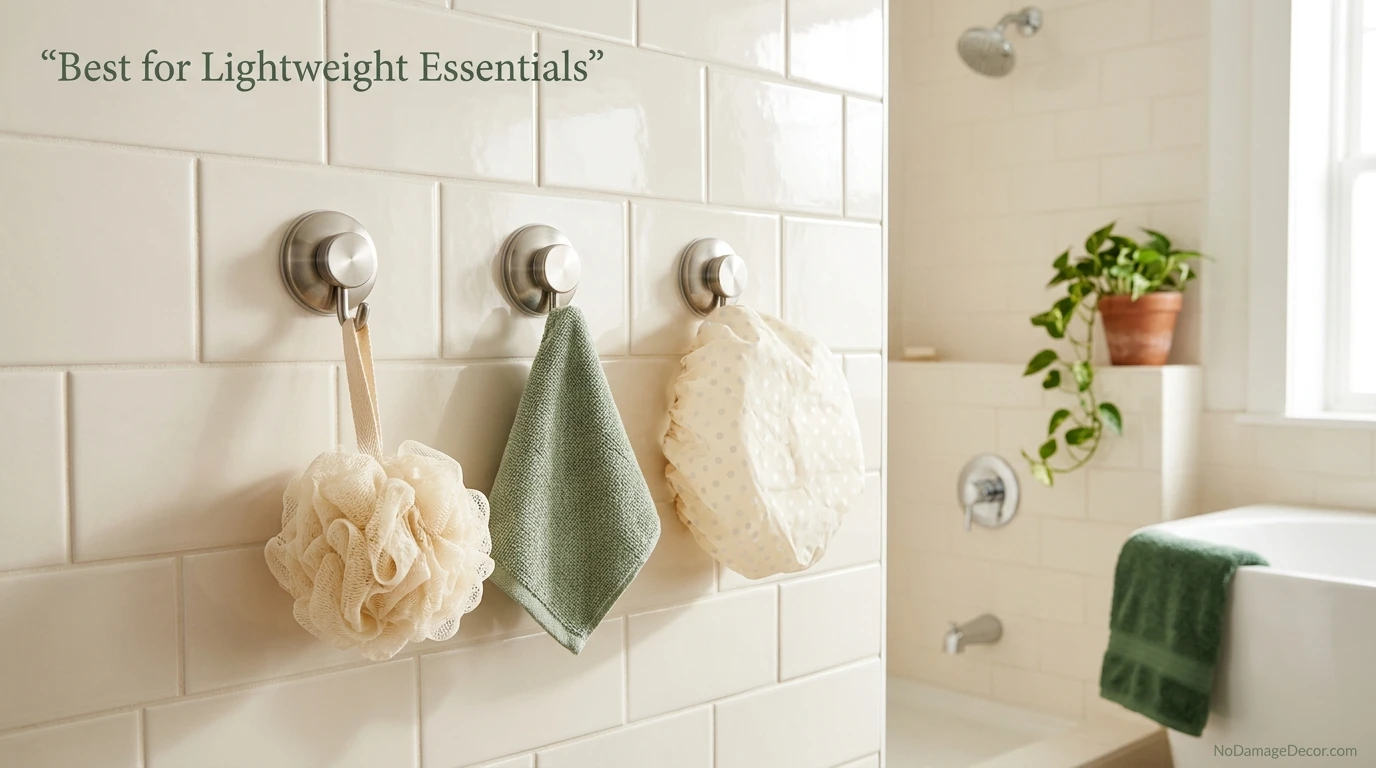 Suction cup tile hooks holding lightweight bathroom items such as a loofah, washcloth, and shower cap