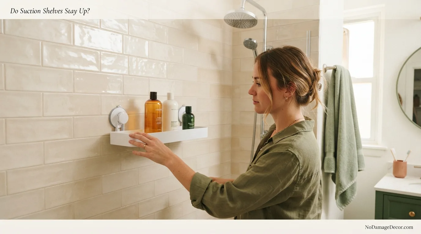 Renter checking a suction cup shower shelf mounted on smooth glazed tile without drilling