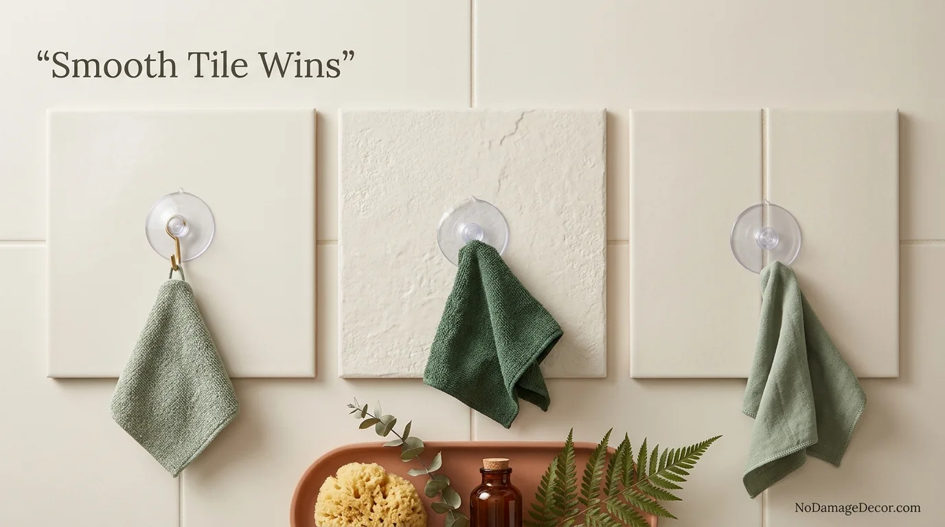 Smooth glazed tile compared with textured tile and grout for suction cup hook compatibility